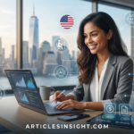 US Freelancing Comprehensive roadmap for freelancers to get high-ticket US clients in 2026, featuring a professional workspace with ARTICLESINSIGHT.COM branding.