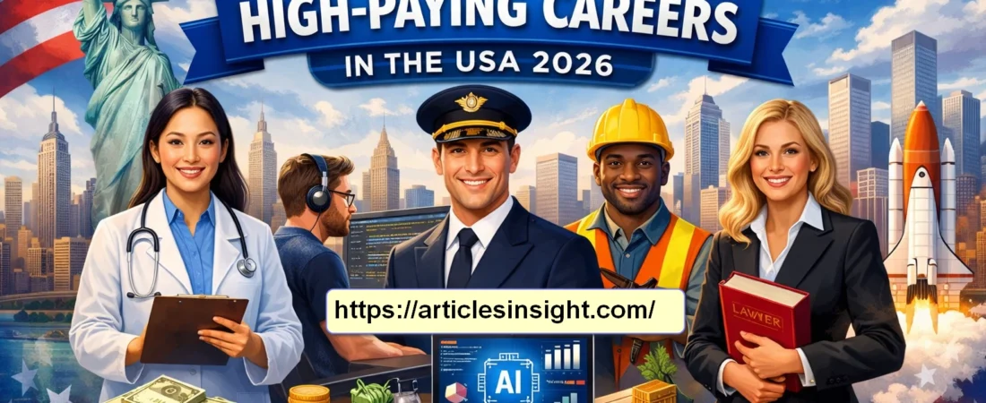 Top 25 High-Paying Careers in the USA 2026: Diverse professionals including software engineers, doctors, pilots, marketers, and lawyers in a vibrant USA-themed environment