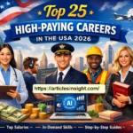 best 25 High-Paying Careers in the USA 2026: Diverse professionals including software engineers, doctors, pilots, marketers, and lawyers in a vibrant USA-themed environment
