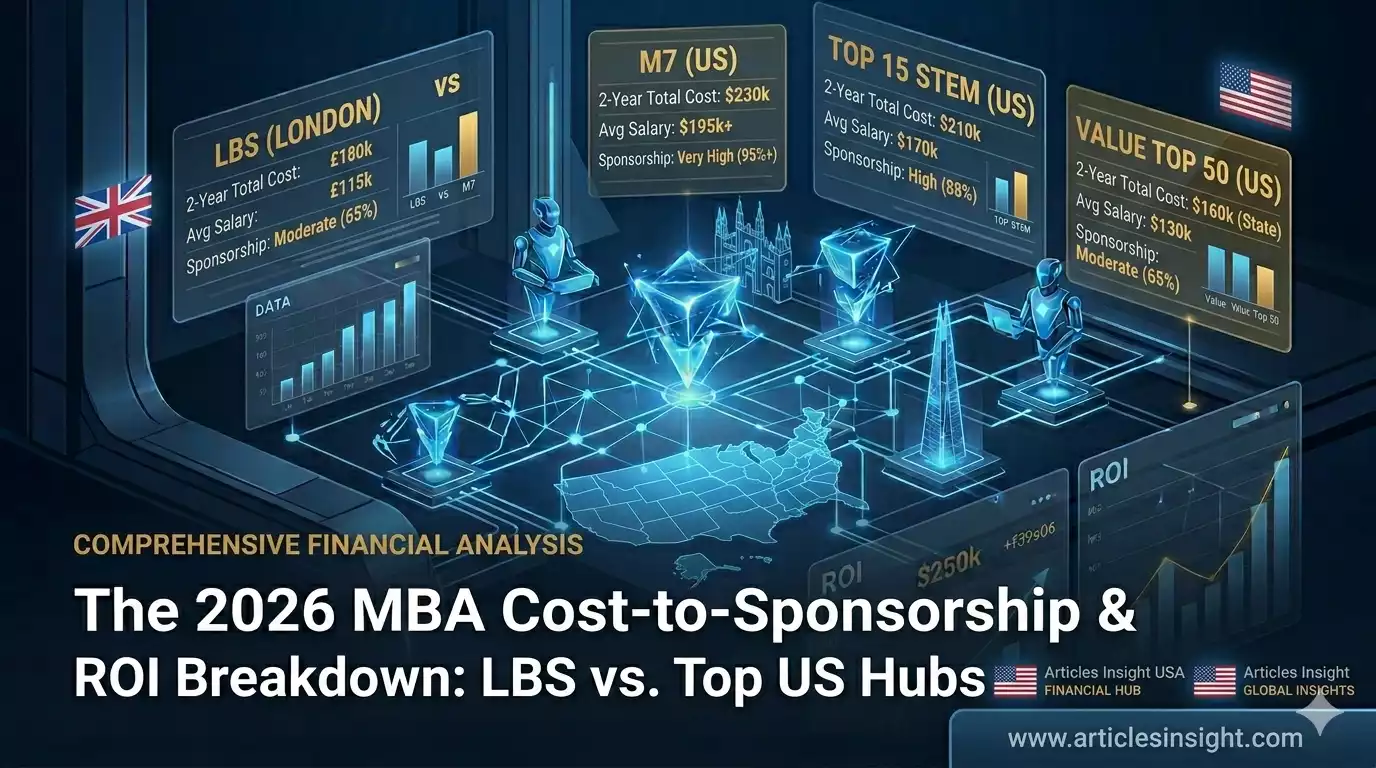 Strategic isometric infographic comparing the 2-year total cost, average salary, and H-1B sponsorship rates of LBS (London), US M7 (Harvard/Wharton), Top 15 STEM US, and Value Top 50 US MBA programs for international students in 2026.