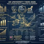 Professional Infographic Comparing UK University Tiers, Tuition Fees Matrix, 18-Month Visa Rule, and Graduate ROI for 2026/27 Intake - Articles Insight