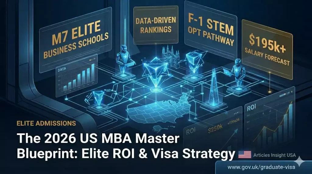 Strategic infographic of the 2026 US MBA roadmap showing M7 rankings, STEM OPT pathways, and ROI analysis for international students.