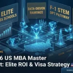 Strategic infographic of the 2026 US MBA roadmap showing M7 rankings, STEM OPT pathways, and ROI analysis for international students.