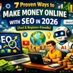 Illustration showing how to make money online with SEO in 2026 using AI tools, laptop, growth charts, and digital marketing elements