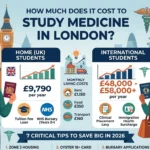Comparison infographic: How much does it cost to study medicine in London 2026? Home vs International students.