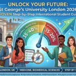 A step-by-step application roadmap infographic for international students applying to St George's University London in 2026.