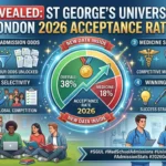 A detailed infographic displaying St George’s University Acceptance rates 2026, showing a 38% overall rate and 18% for medicine, with icons for admission odds and success tips.