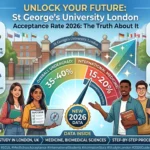 A detailed infographic guide visualizing the 2026 acceptance rate for St George's University London, including specific data for undergraduate, international medicine, and biomedical sciences.