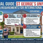 A comprehensive infographic outlining the 2026 admission requirements for international students at St George's University London, including academic grades, English proficiency (IELTS), and work experience.