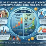 A financial roadmap infographic for studying medicine at St George's University London in 2026, comparing tuition investment with long-term ROI and career benefits.