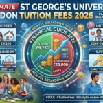 A detailed 2026 financial guide infographic for St George's University London, showing UK and international tuition fees, London living costs, and early payment discounts.