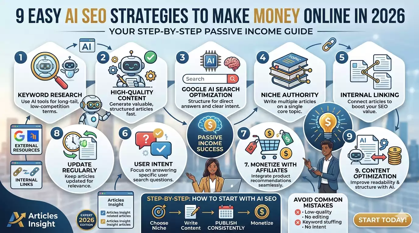 9 Easy AI SEO Strategies to Make Money Online in 2026 Infographic by Articles Insight