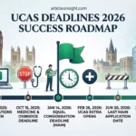 Infographic detailing UCAS Deadlines 2026 timeline for UK university admission, showing January and Clearing dates
