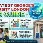 Comprehensive infographic guide for St George's University London 2026 admissions, featuring tuition fees breakdown, global rankings, and medical school application steps.