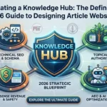 Technical diagram of a 2026 Creating a Knowledge Hub architecture showing pillar pages, cluster content, and JSON-LD schema integration for SEO and AdSense optimization.