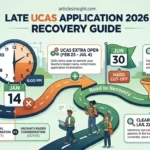 Infographic detailing the Late UCAS Application 2026 recovery path showing UCAS Extra and Clearing options