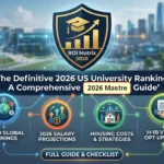 us college Infographic of 2026 US university rankings and ROI matrix. Features include Top 50 Global Rankings, 2026 salary projections for STEM and AI, housing cost comparisons for NYC, Austin, and Boston, and the new USCIS H-1B wage-based selection updates for international students