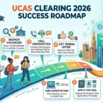 Infographic detailing the 2026 UCAS Clearing success roadmap showing steps to search vacancies and secure a late offer