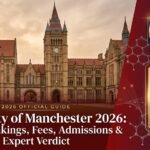 A high-quality 2026 editorial banner of the University of Manchester featuring a blend of historic Gothic architecture and modern research facilities, with a 9.3/10 verdict score for international student ROI.