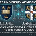A technical forensic infographic comparing Oxford vs Cambridge for Physics students in 2026 admissions, featuring quantum physics formulas and university crests.