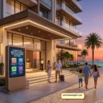 An integrated digital marketing kiosk at a luxury beachfront resort displaying 4 powerful hotel marketing techniques for maximizing bookings and revenue.